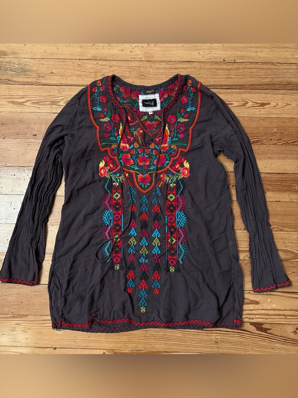 Biya Johnny Was Size M Embroidered Brown Long Sleeve Shirt